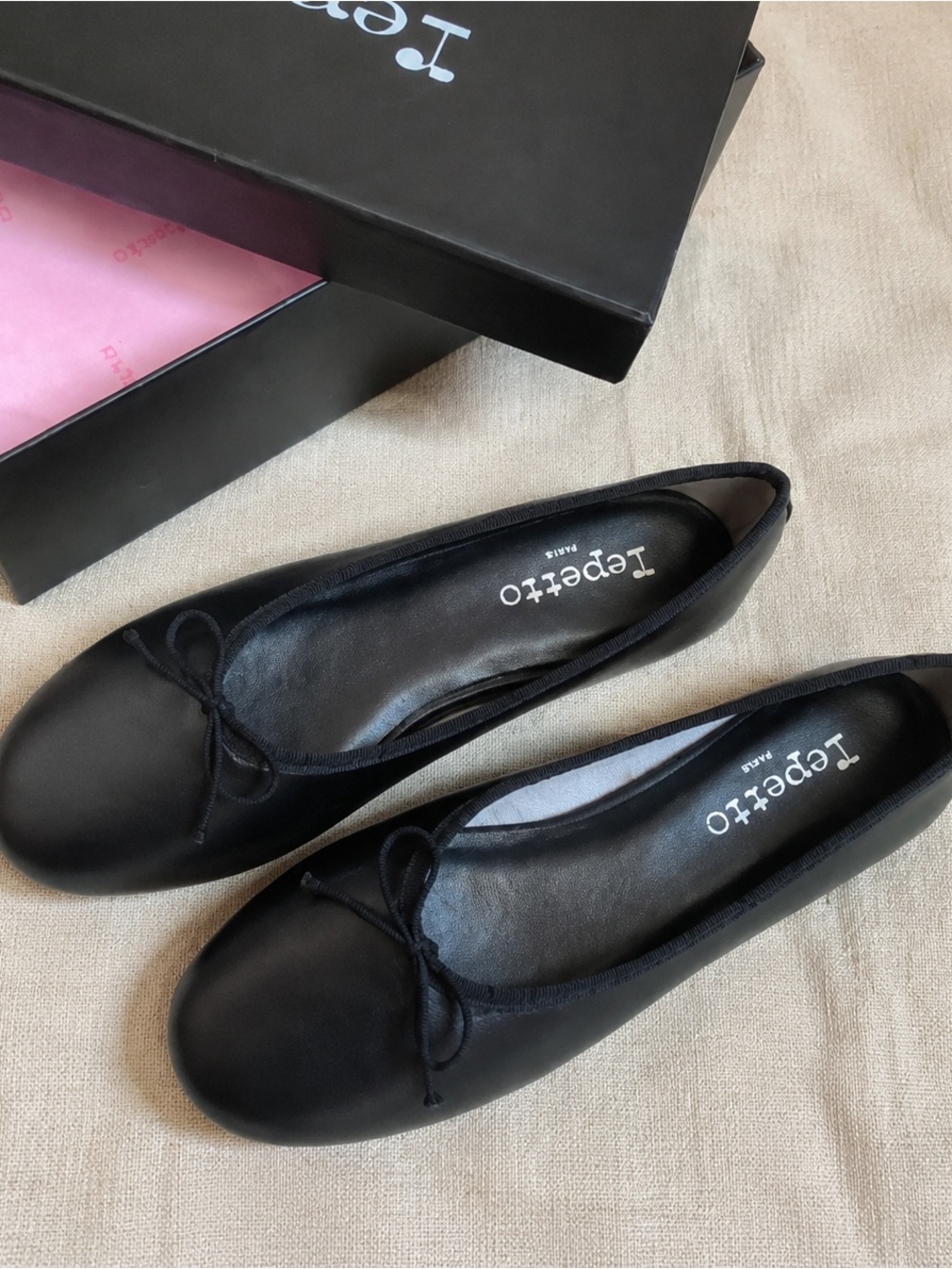 Repetto Black Leather Ballet Flats with Bow Trim